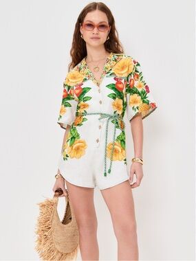 Farm Rio Floral Picnic Romper Flowers White Buttoned Topstching Romper